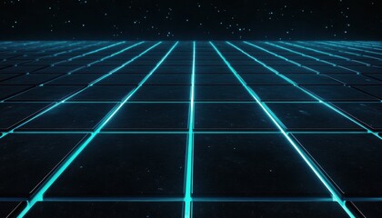 Poster - Abstract Digital Grid Pattern with Cyan Lines and Stars
