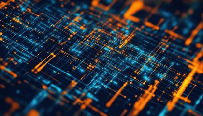 Leinwandbilder - Abstract Digital Network: Glowing Blue and Orange Circuit Lines