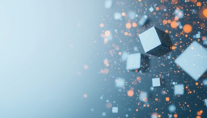 Poster - Abstract Geometric Background with Floating Cubes and Glowing Particles