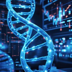 a vibrant, illuminated dna strand floats in front of a digital screen interface, symbolizing data-dr