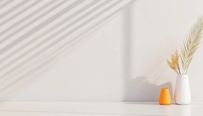 Aufkleber - Dried Flowers in White and Orange Vases on White Table Against White Wall with Shadowed Light