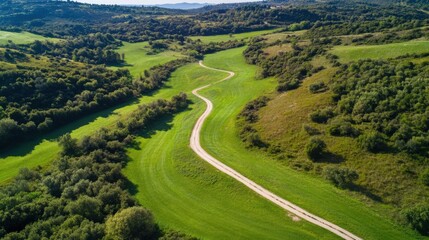Aufkleber - Aerial view of a winding dirt road traversing lush green fields and rolling hills, bathed in sunlight, showcasing a picturesque countryside landscape. : Generative AI