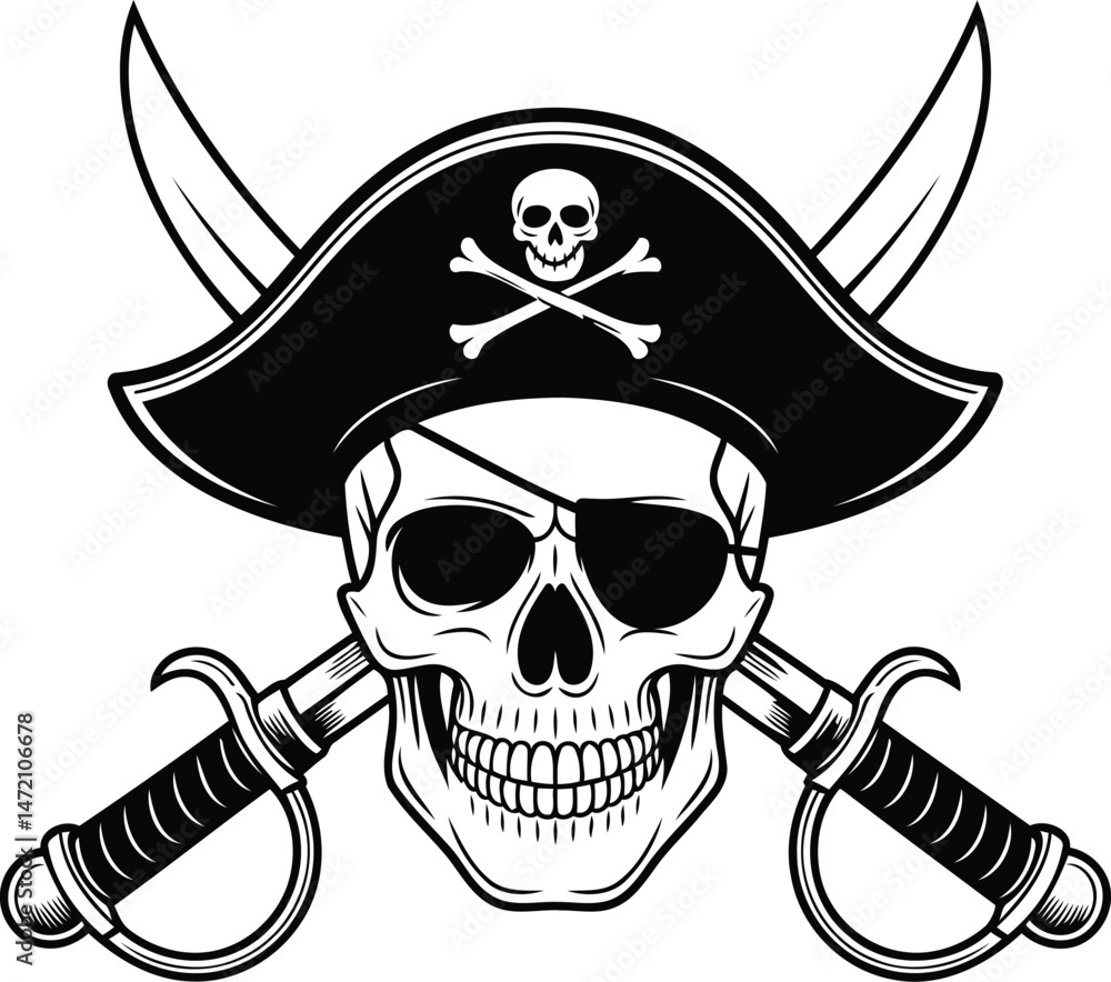 Pirate Skull with Crossed Swords and Pirate Hat Silhouette Vector ...