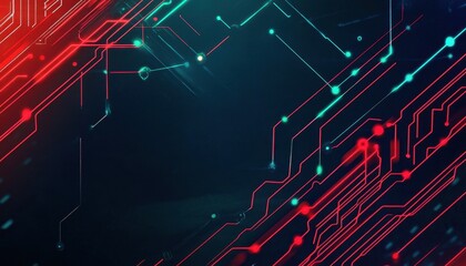 Fototapete - Abstract Circuit Board Background With Glowing Red And Blue Lines