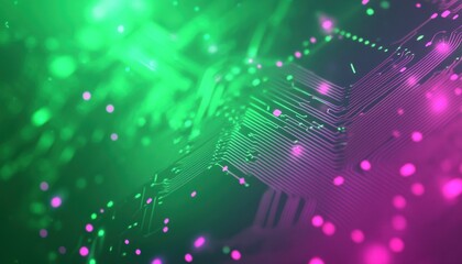 Fototapete - Abstract Circuit Board with Glowing Green and Pink Lights
