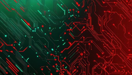 Poster - Abstract Circuit Board Background Red Green Glowing Lines Technology Design