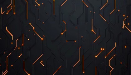 Poster - Abstract Dark Background with Glowing Orange Circuit Lines and Hexagon Pattern