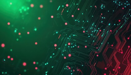 Fototapete - Abstract Digital Network Background with Glowing Green and Red Particles