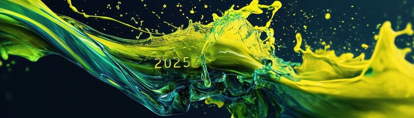 Poster - Abstract Dynamic Paint Splash: Vibrant Yellow And Green Liquid Flowing On Dark Background