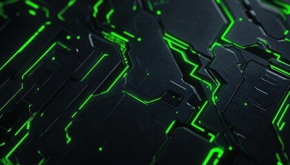 Poster - Abstract Futuristic Circuit Board with Glowing Green Lines and Dark Background