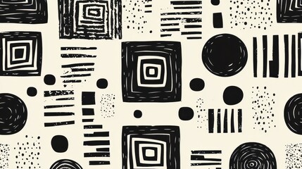 Aufkleber - Abstract Geometric Pattern with Black and White Shapes on Cream Background