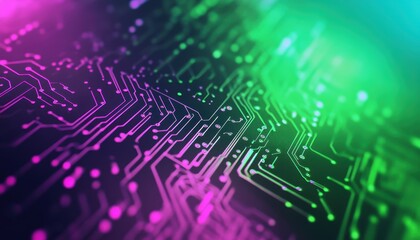 Poster - Abstract Glowing Circuit Board Background with Pink and Green Neon Lines