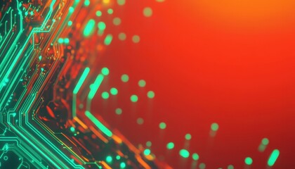 Poster - Abstract Glowing Circuit Board with Orange and Green Lines