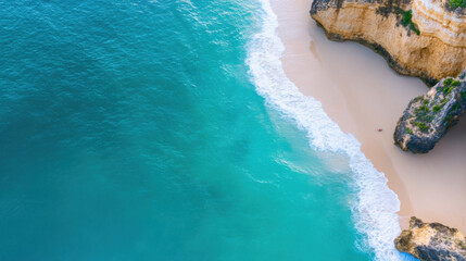 Poster - Aerial view of turquoise ocean waves gently lapping a secluded sandy beach, framed by dramatic, light-brown cliffs and lush green vegetation. : Generative AI
