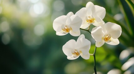 Aufkleber - Closeup of elegant white phalaenopsis orchids blooming in soft sunlight, delicate petals and yellow centers, lush green bokeh background. : Generative AI