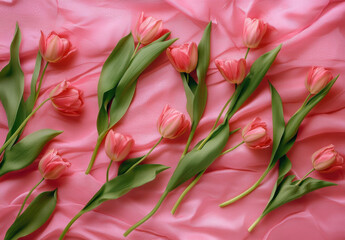 Poster - Pink tulips arranged on a pink silk fabric, creating a romantic and elegant floral composition.  The soft, delicate petals and lush green leaves contrast beautifully against the smooth : Generative AI