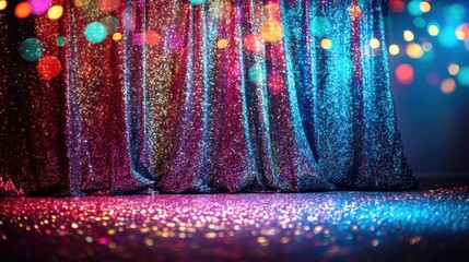 Aufkleber - Sparkling iridescent glitter curtain backdrop with colorful bokeh lights, perfect for festive celebrations or glamorous events.  The shimmering fabric creates a luxurious and magical a : Generative AI