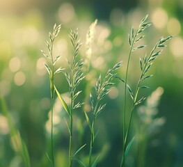 Leinwandbilder - Close-up view of delicate green grass stalks illuminated by soft sunlight, creating a serene and peaceful natural scene. : Generative AI