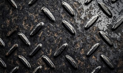 Leinwandbilder - Closeup of a weathered, dark gray diamond plate metal surface, showing texture and wear, with hints of gold patina.  Ideal for industrial, grunge, or textured backgrounds. : Generative AI