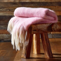 Aufkleber - Soft pink mohair throw draped on rustic wooden stool, creating a cozy and warm atmosphere. Perfect for adding texture and color to home decor photography. : Generative AI