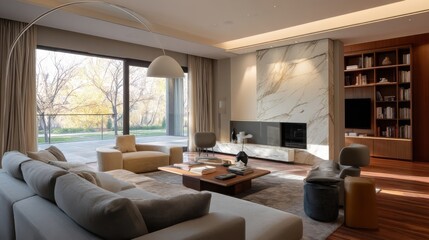 Aufkleber - Modern living room with marble fireplace, large windows overlooking autumnal landscape, and contemporary furniture. : Generative AI