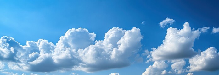 Aufkleber - A panoramic view of fluffy cumulus clouds against a vibrant blue sky, showcasing the beauty of a sunny day and the natural texture of the cloudscape. : Generative AI