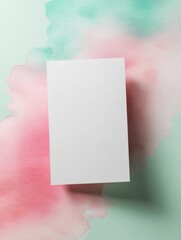 Aufkleber - Blank white card mockup on a pastel pink and mint green watercolor wash background, ideal for branding, invitation, or announcement design. : Generative AI