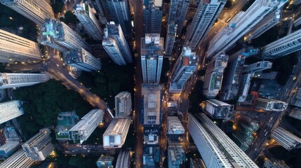 Leinwandbilder - Aerial view of a dense urban cityscape at twilight, showcasing numerous skyscrapers, roads, and streetlights illuminating the scene from above. : Generative AI