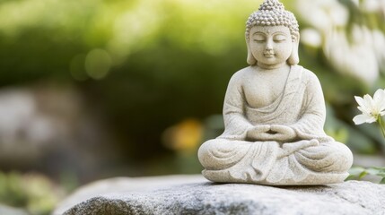 Aufkleber - Serene Buddha statue meditates peacefully on a rock in a tranquil garden setting, surrounded by soft green foliage and delicate white flowers. : Generative AI