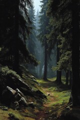 Poster - Misty forest path winding through tall evergreen trees, sunlight filtering through the canopy, creating a serene and mystical atmosphere. : Generative AI