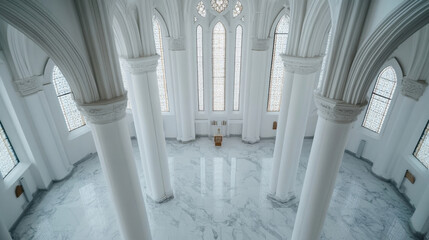 Poster - Serene interior of a white marble chapel with tall columns and stained glass windows, offering a peaceful and contemplative atmosphere. : Generative AI