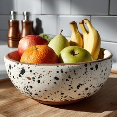 Poster - A ceramic bowl with a speckled design holds a vibrant mix of fresh fruits: apples, a pear, an orange, and bananas, creating a cheerful kitchen scene. : Generative AI