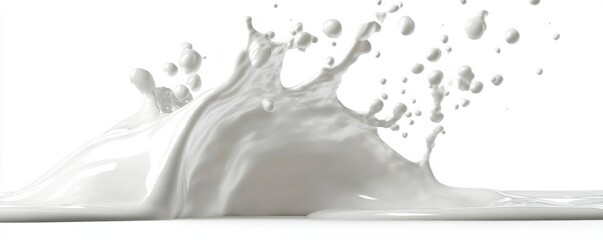 Poster - Dynamic splash of creamy white milk, creating a visually striking wave with airborne droplets against a clean white backdrop. : Generative AI