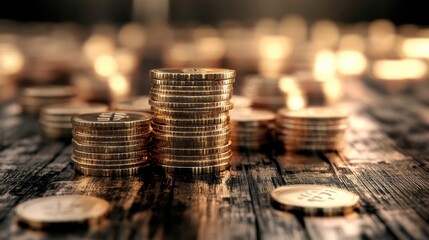 Poster - Stacks of golden coins on a dark wooden surface, illuminated by warm bokeh lights, suggesting wealth, prosperity, and financial success. : Generative AI