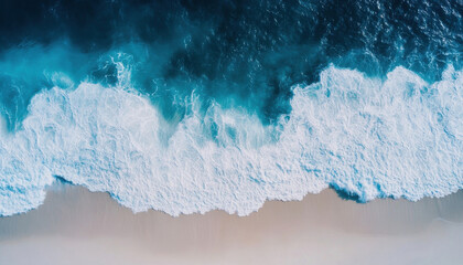 Poster - Aerial view of turquoise ocean waves crashing on a pristine sandy beach, creating a stunning contrast of colors and textures. : Generative AI