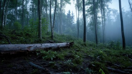 Leinwandbilder - Fallen log rests in a misty, green forest, tall trees surround it, creating a serene and mysterious atmosphere. : Generative AI