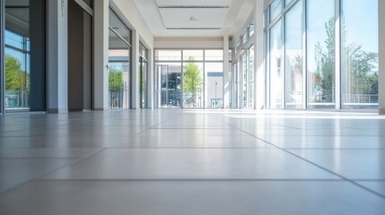 Poster - Modern building interior with large windows showcasing a sunny cityscape view, featuring bright, clean tile flooring and minimalist architecture. : Generative AI