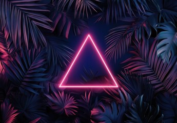 Poster - Pink neon triangle frame surrounded by vibrant tropical leaves, creating a lush, dark, and moody aesthetic. : Generative AI