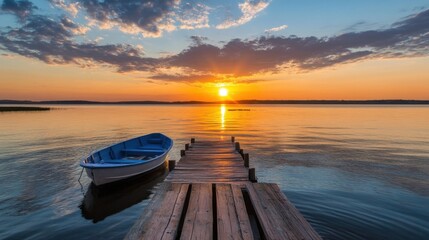 Aufkleber - Serene sunset over calm lake water, a small blue boat rests gently at a wooden pier extending into the tranquil scene. Golden hour light paints the sky with warm hues. : Generative AI