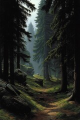 Poster - Serene path winding through a dense, mystical evergreen forest, sunlight filtering through the canopy, illuminating mossy rocks and lush green undergrowth. : Generative AI