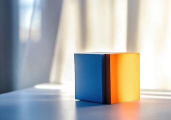 Aufkleber - A vibrant blue and orange cube sits on a white table, bathed in sunlight streaming through a sheer curtain, creating a minimalist, modern aesthetic. : Generative AI