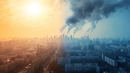 Fototapete - A city divided: contrasting scenes of smog-filled industrial pollution and a sun-drenched urban landscape, showcasing the environmental challenges of modern society. : Generative AI