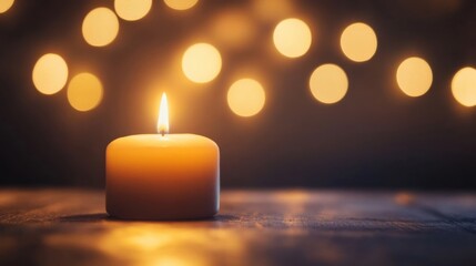 Leinwandbilder - A single, lit candle sits on a dark wooden surface, illuminated by soft, warm bokeh lights in the background, creating a serene and peaceful atmosphere. : Generative AI