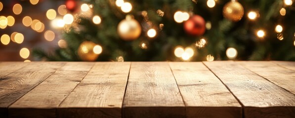 Poster - Rustic wooden table in front of a blurred Christmas tree with warm, golden lights and red ornaments, perfect for holiday product displays. : Generative AI