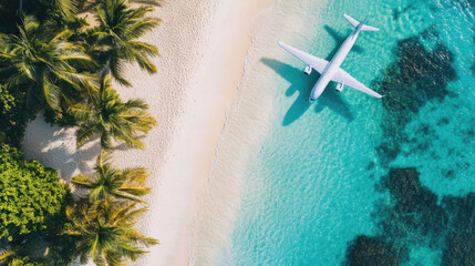 Poster - Aerial view of a passenger airplane gently resting on a pristine beach, next to turquoise ocean water and lush palm trees. : Generative AI