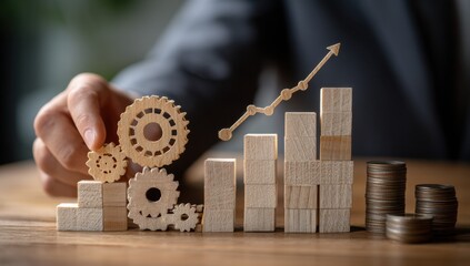 Fototapete - A hand carefully places wooden gears onto a rising bar graph, symbolizing growth and strategic planning for financial success. : Generative AI