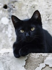 Aufkleber - A sleek black cat with striking yellow eyes rests on a weathered stone wall, its paws neatly folded in front. The cat's intense gaze and dark fur contrast beautifully with the rough te : Generative AI