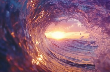 Fototapete - A mesmerizing view inside a barrel wave during a vibrant sunset, showcasing the ocean's powerful energy and the warm, golden light reflecting on the water. : Generative AI