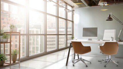 Poster - Modern office interior with large windows, showcasing a minimalist workspace featuring two brown leather chairs and a white desk, bathed in natural sunlight. : Generative AI