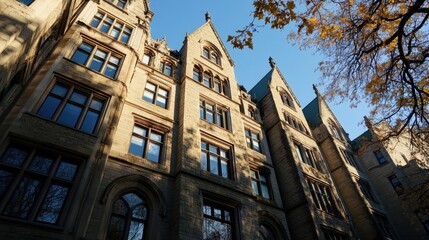 Poster - Sunlight illuminates the gothic stone facade of a grand university building, autumn leaves frame the scene. : Generative AI